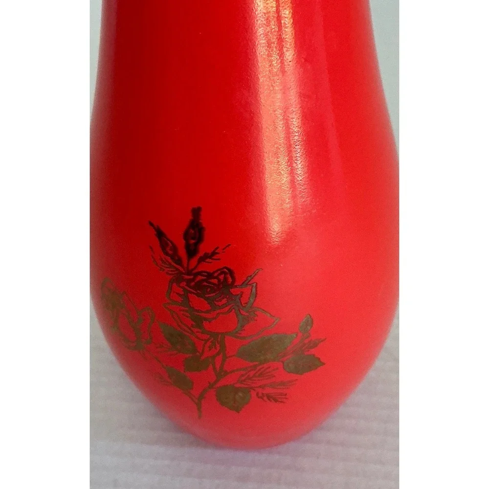 Vintage Red Milk Glass Bud Vase Gold Rose Scalloped‎ Rim 9 Inch MCM